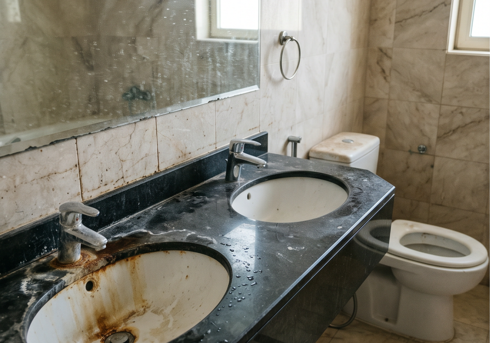 Bathroom sink and mirror before deep cleaning in Al Ain villa