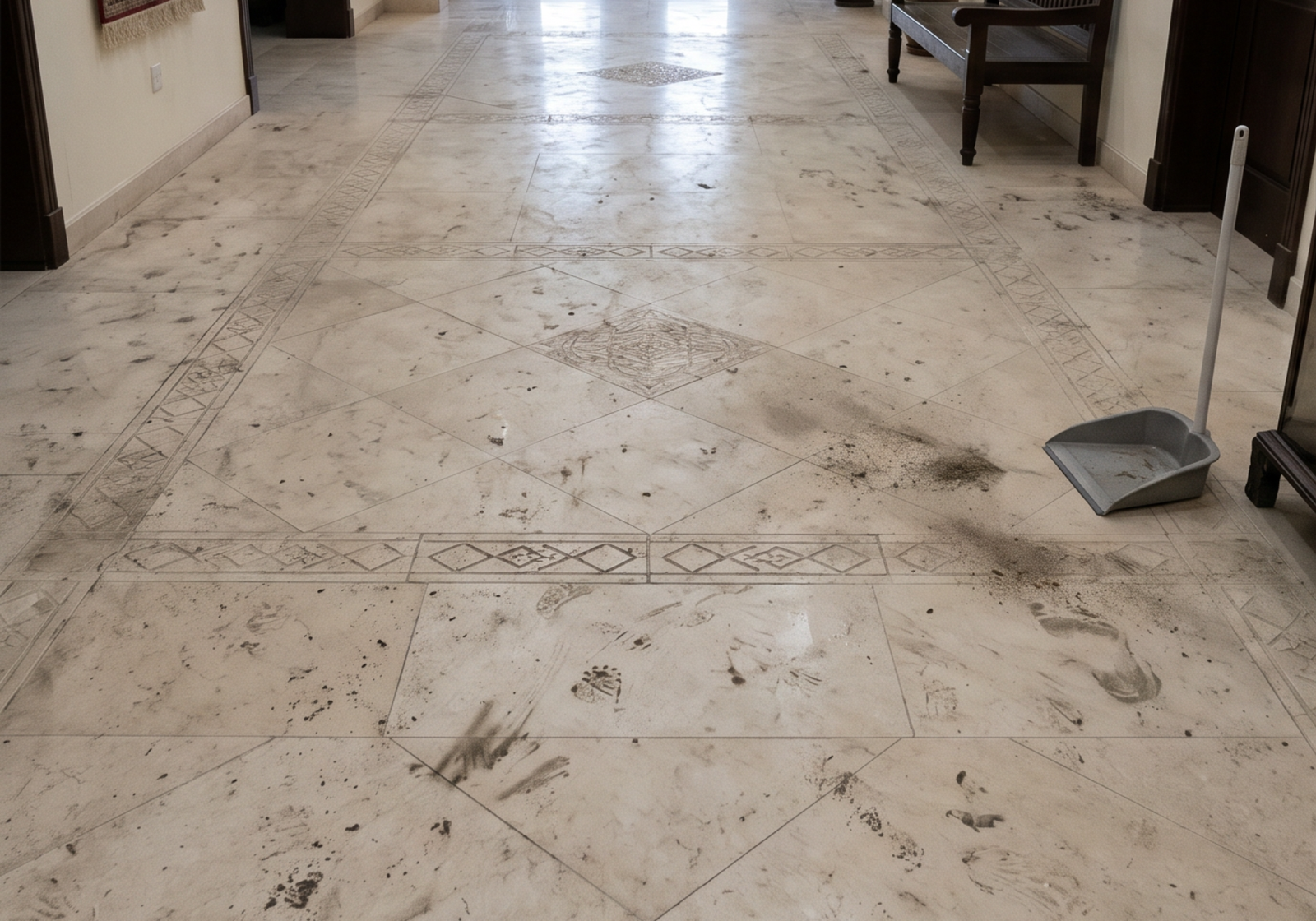 Dirty marble floor before deep cleaning in Al Ain villa