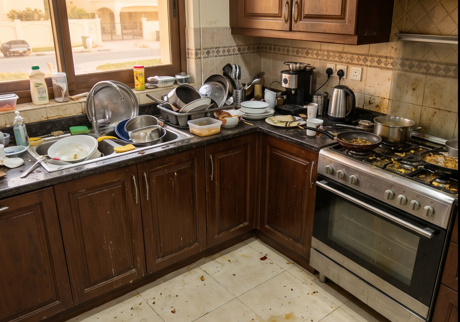 Cluttered kitchen before deep cleaning in Al Ain villa