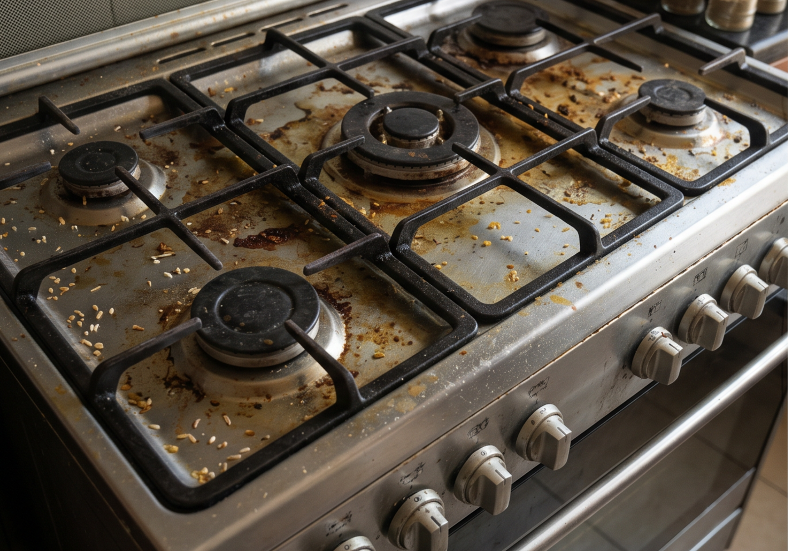 Greasy stove top before deep cleaning in Al Ain villa