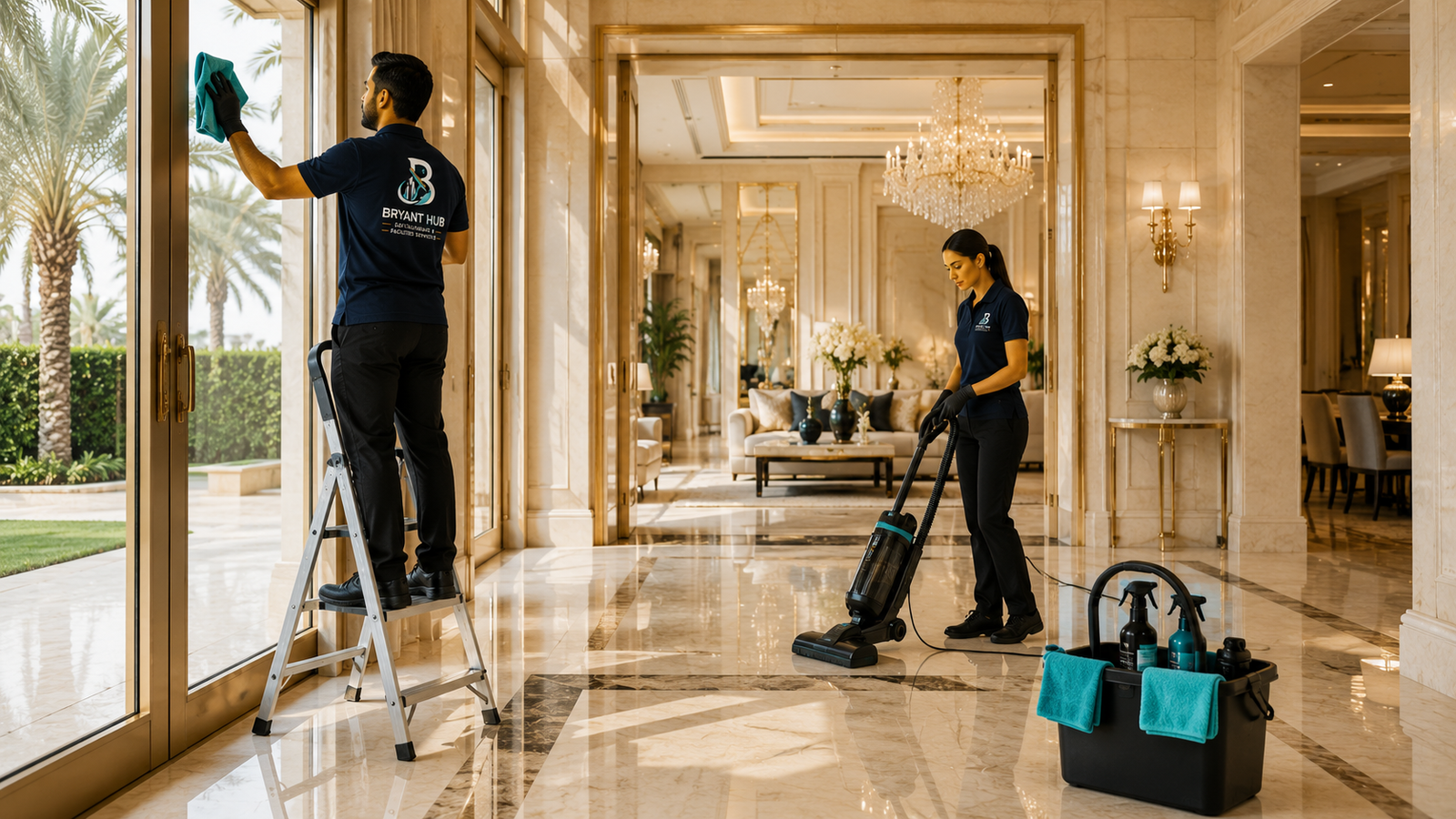 Bryant Hub Cleaning team cleaning a luxury building lobby in Al Ain