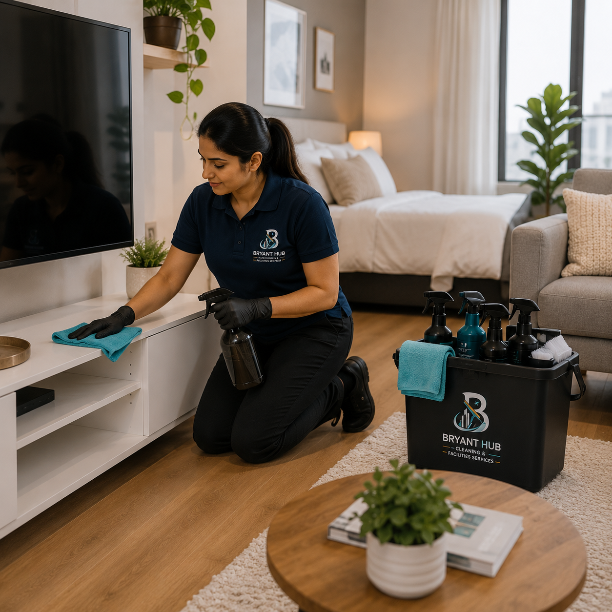 Bryant Hub Cleaning cleaner wiping surfaces in an apartment in Al Ain