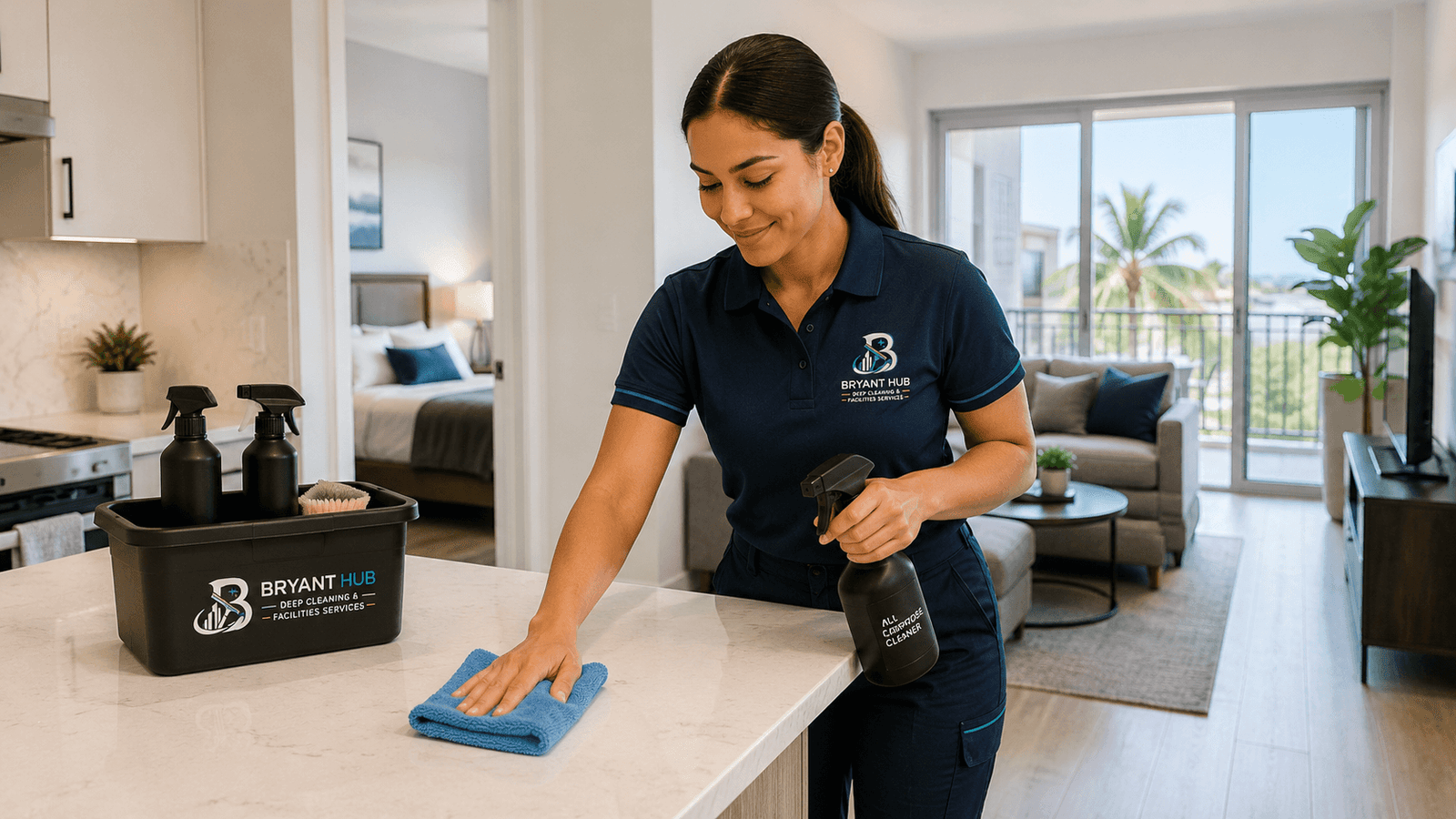 Bryant Hub technician cleaning an apartment kitchen