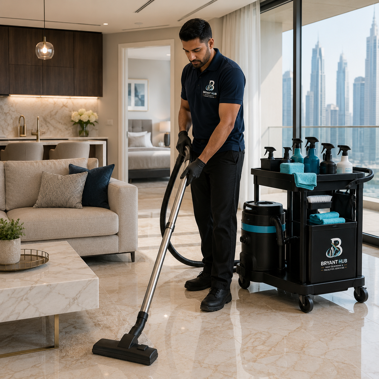 Bryant Hub cleaner vacuuming polished floors in Al Ain